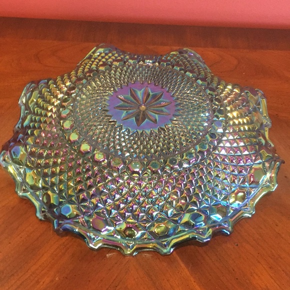 Vintage Indiana Glass Blue Iridescent Diamond Point Ruffled Trim Hostess Plate - Picture 3 of 13